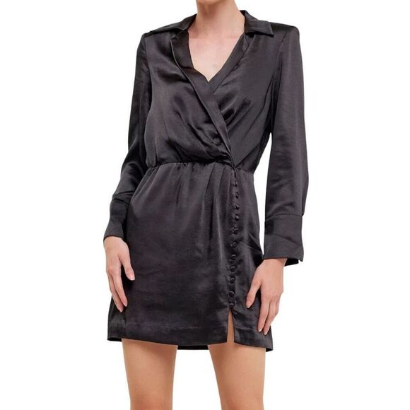 NWT Endless Rose Black Long Sleeve Satin Mini Dress - Picture 2 of 9